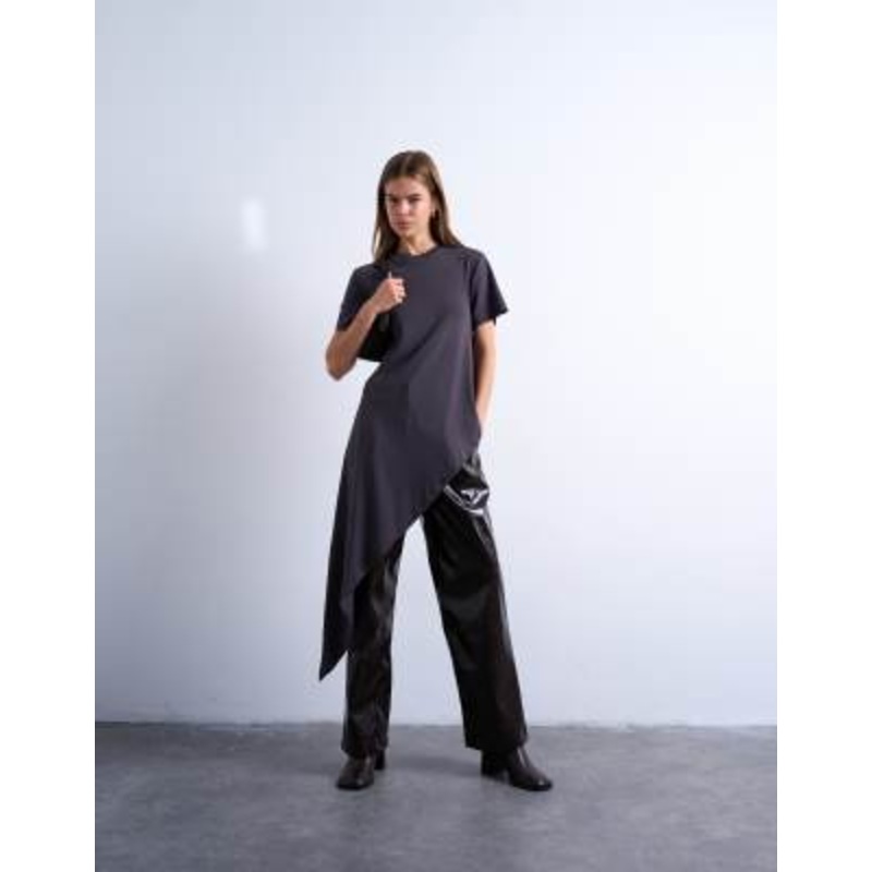 Topshop slinky asymmetric short sleeve tunic top in charcoal gray