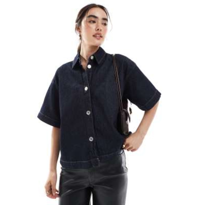 Vero Moda boxy short sleeve denim shirt in dark blue rinse