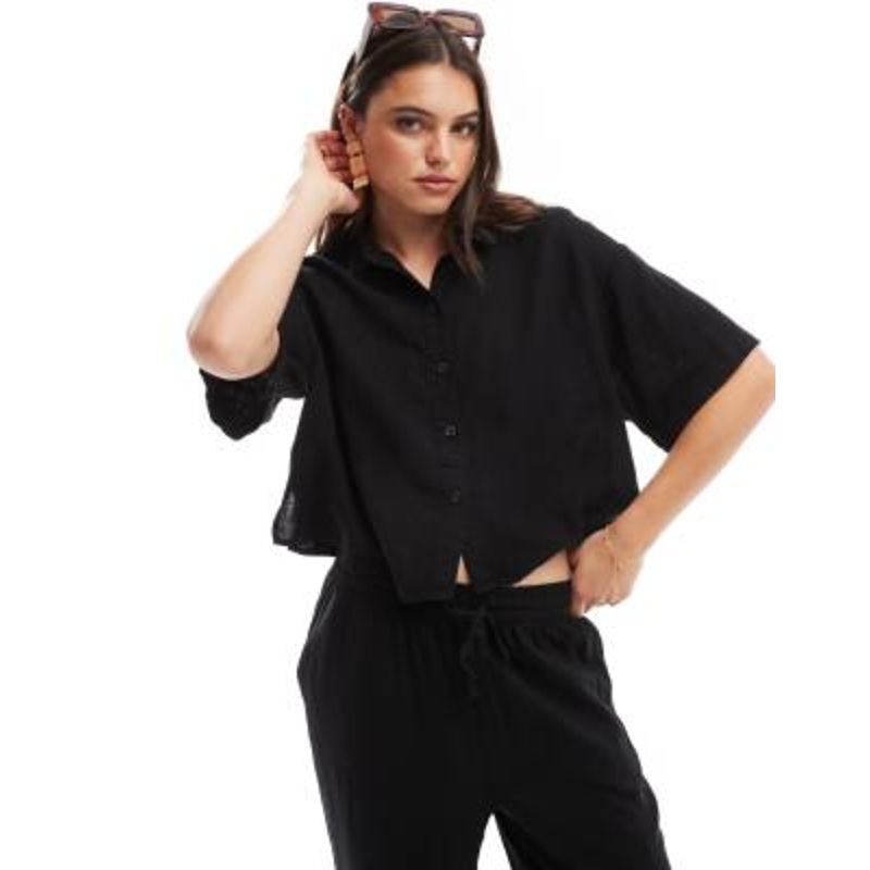 Vero Moda mix and match linen blend boxy short sleeved shirt in black
