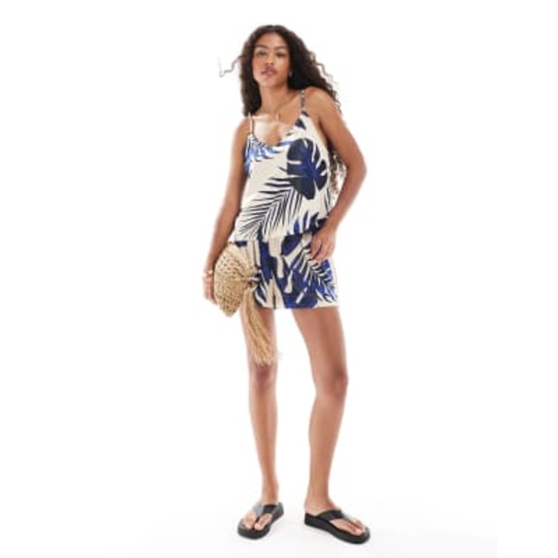 Vero Moda satin tank top and shorts set with blue leaf print in cream