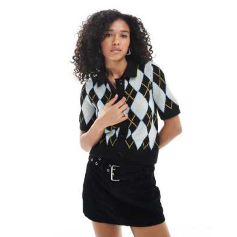 Vero Moda short sleeve polo neck cardigan in blue argyle print