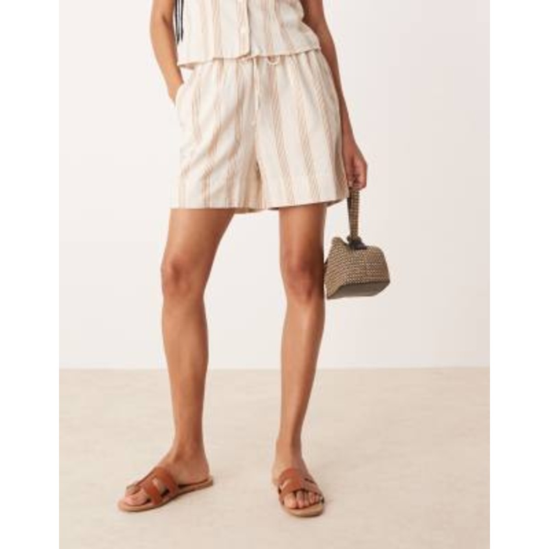 Vila mix and match linen touch tie waist shorts in cream & tan stripes