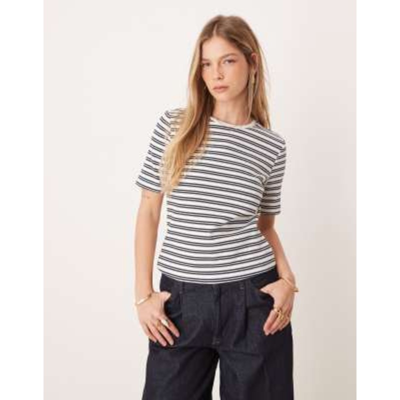 VILA ribbed short sleeve tee in navy and white stripe