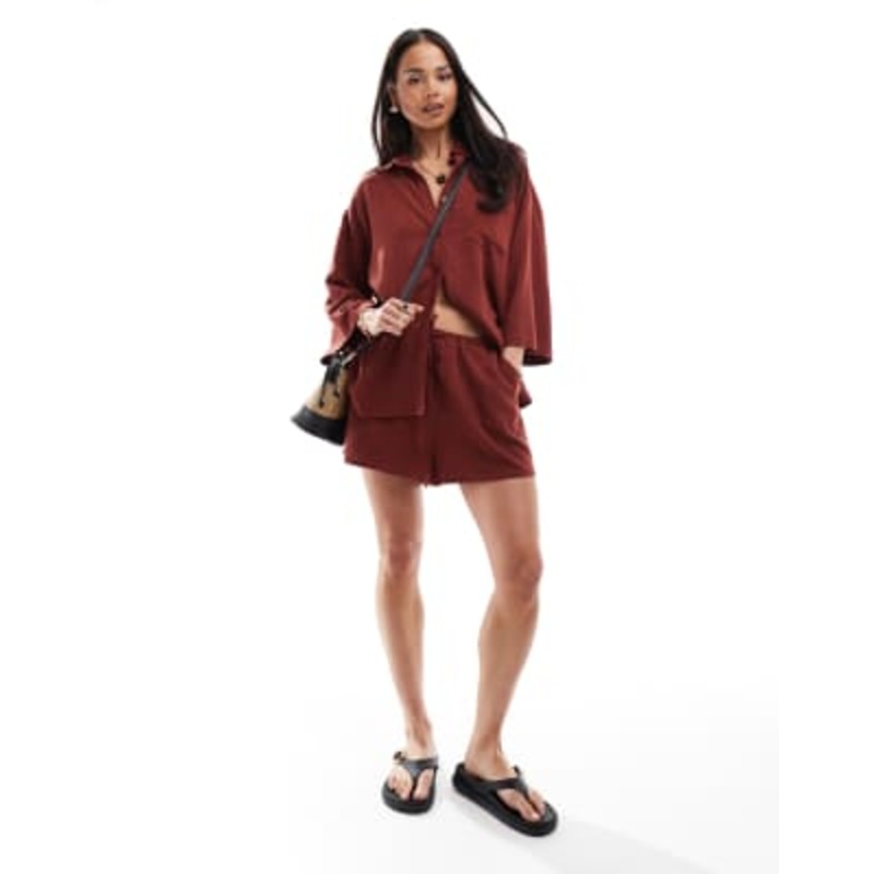 4th & Reckless beach linen-blend wide sleeve shirt and tie waist shorts set in rust