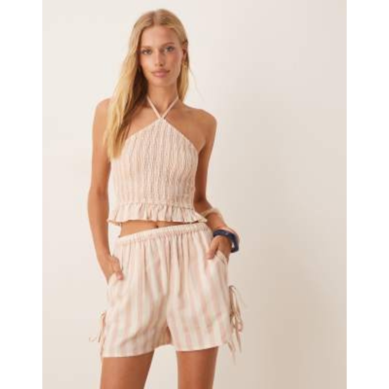 Aray striped beach shorts with bow details in pink and white – part of a set