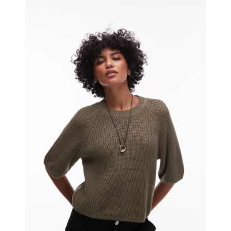 ARKET open knit short sleeve sweater in khaki