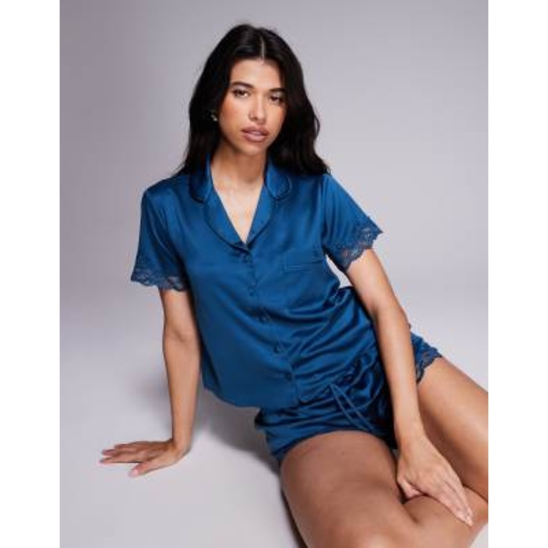 Boux Avenue Amelie matte satin camp collar top and shorts set in dark teal