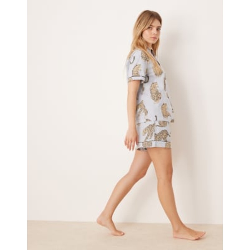 Chelsea Peers seersucker short sleeve revere and short set striped in leopard print