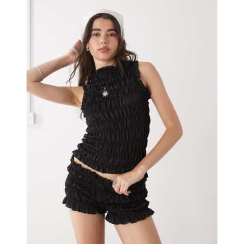 COLLUSION satin look shirred micro shorts in black – part of a set