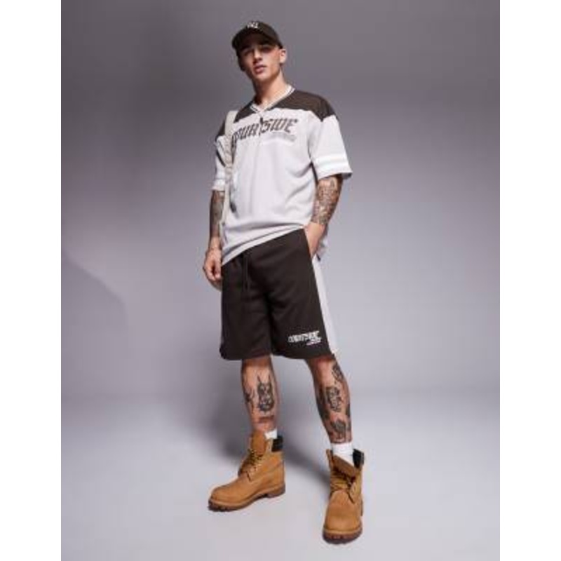 Courtside sports logo detail relaxed shorts with contrast panel in brown