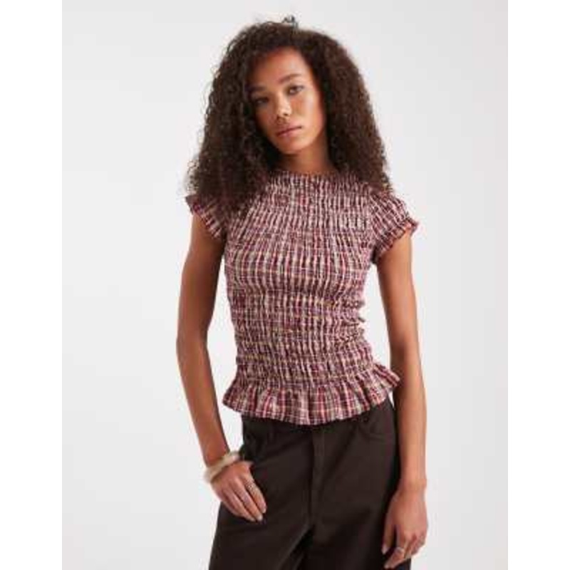 Daisy Street shirred short sleeve top in red plaid