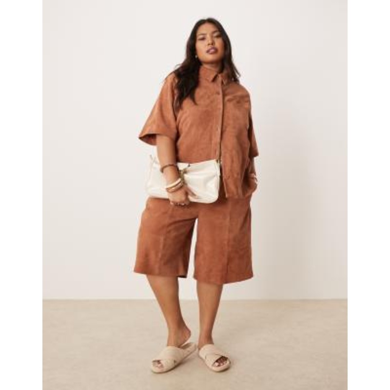 DESIGN Curve suede boxy shirt and shorts set in tan