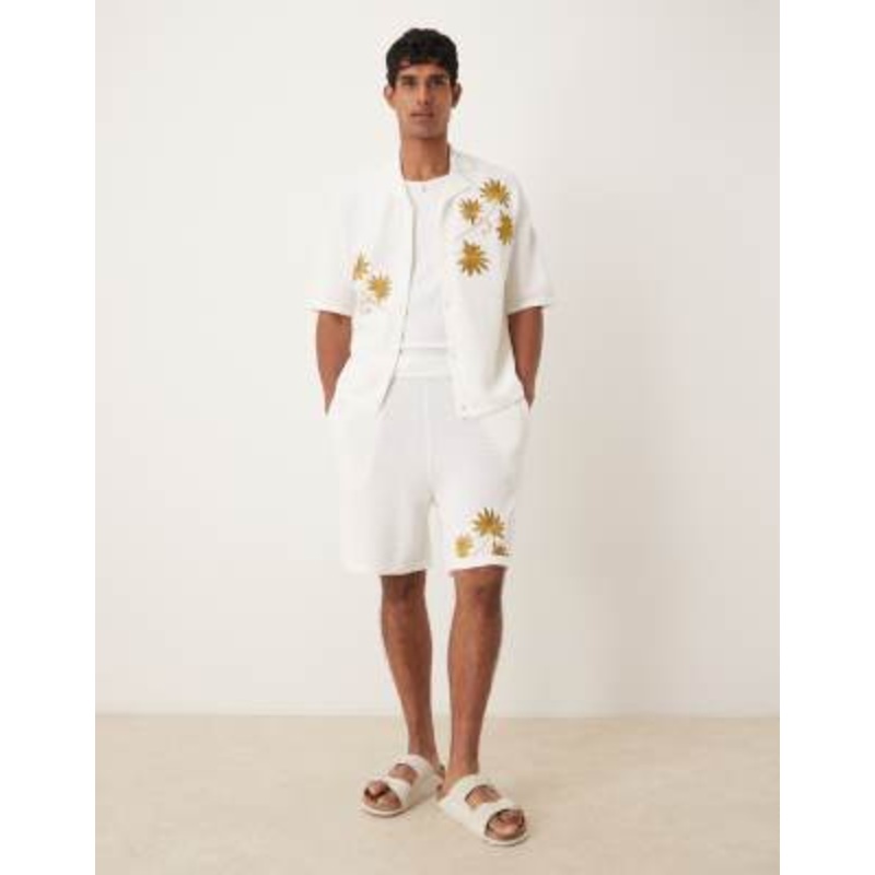 DESIGN relaxed knit embroidered polo shirt and shorts set in off-white
