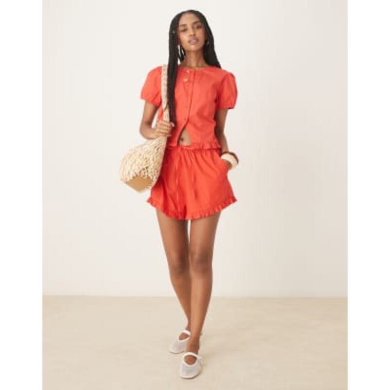 DESIGN ruffle detail top & shorts set in red