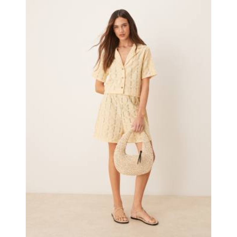 DESIGN semi sheer crochet relaxed fit shirt and shorts set in buttermilk