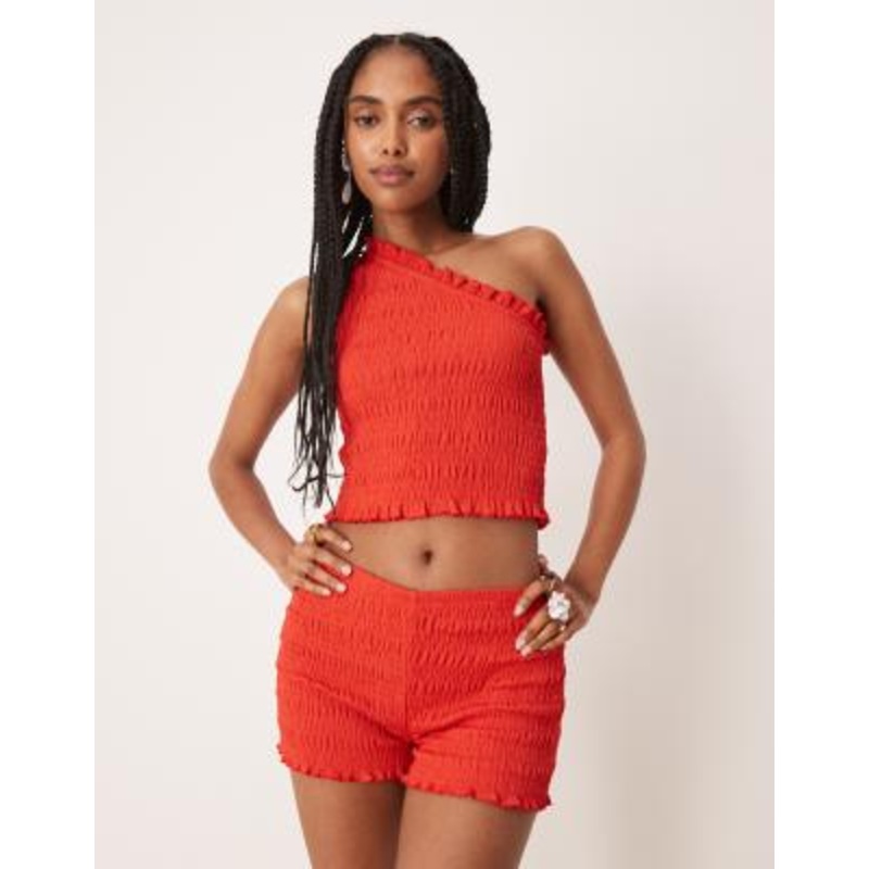 DESIGN shirred one-shoulder top and shorts set in red