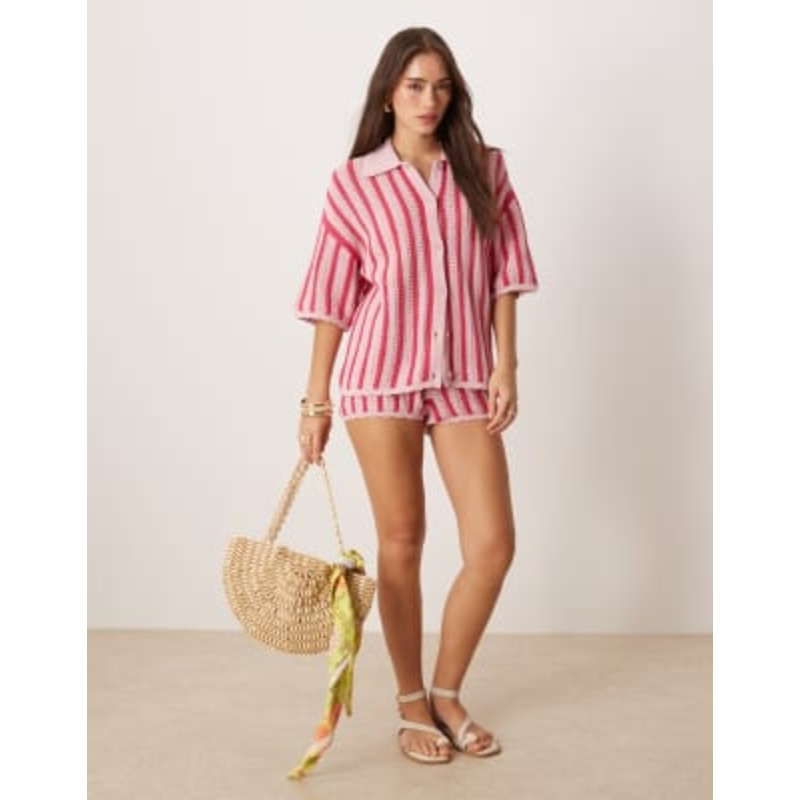 DESIGN stripe scallop edge knit shirt & shorts set in pink