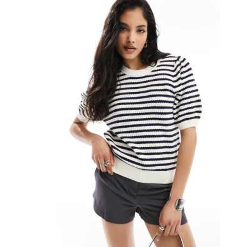 & Other Stories short sleeve knitted top in blue and white stripes with scallop edge neckline