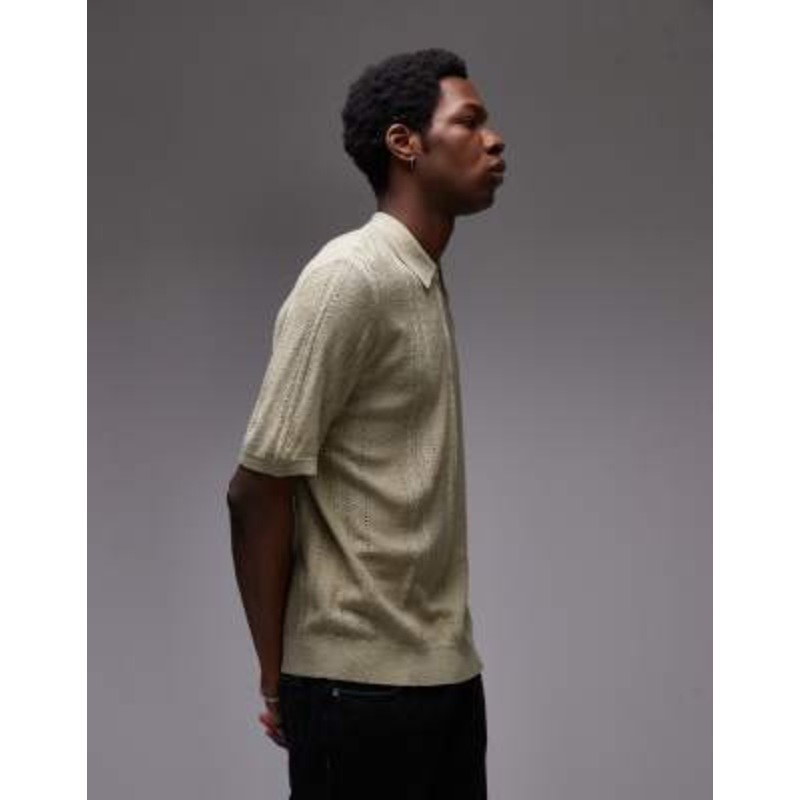 Topman knit short sleeve quarter zip textured polo shirt in sage