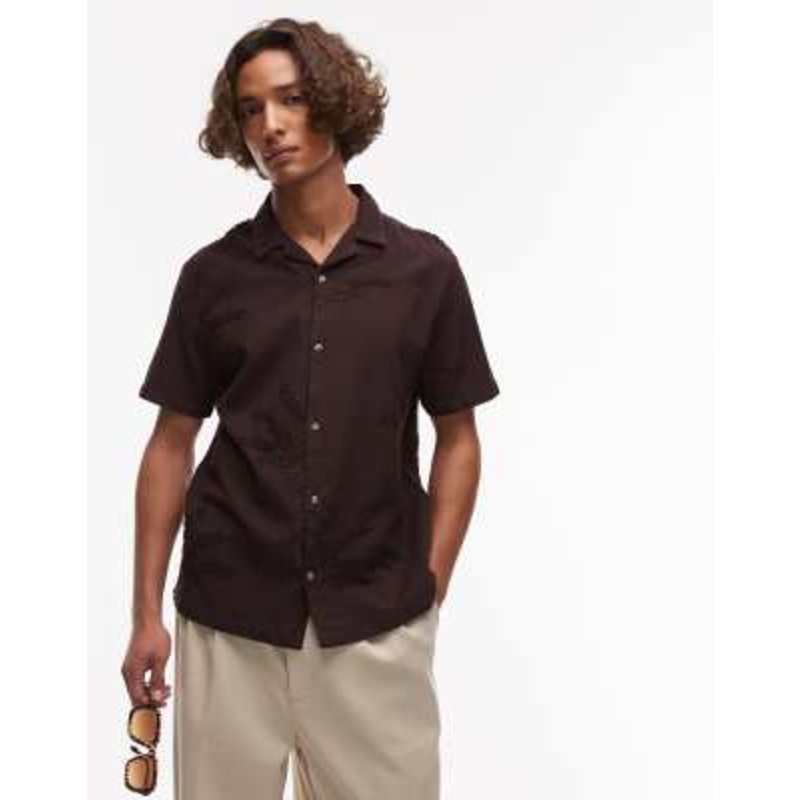 Topman short sleeve hand embroidered shirt in chocolate