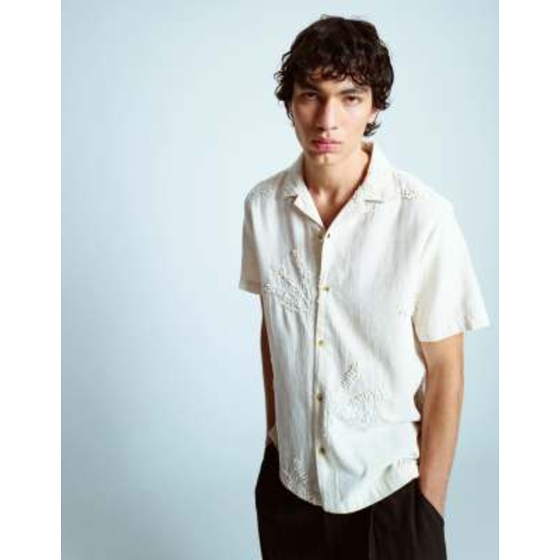 Topman short sleeve hand embroidered shirt in stone
