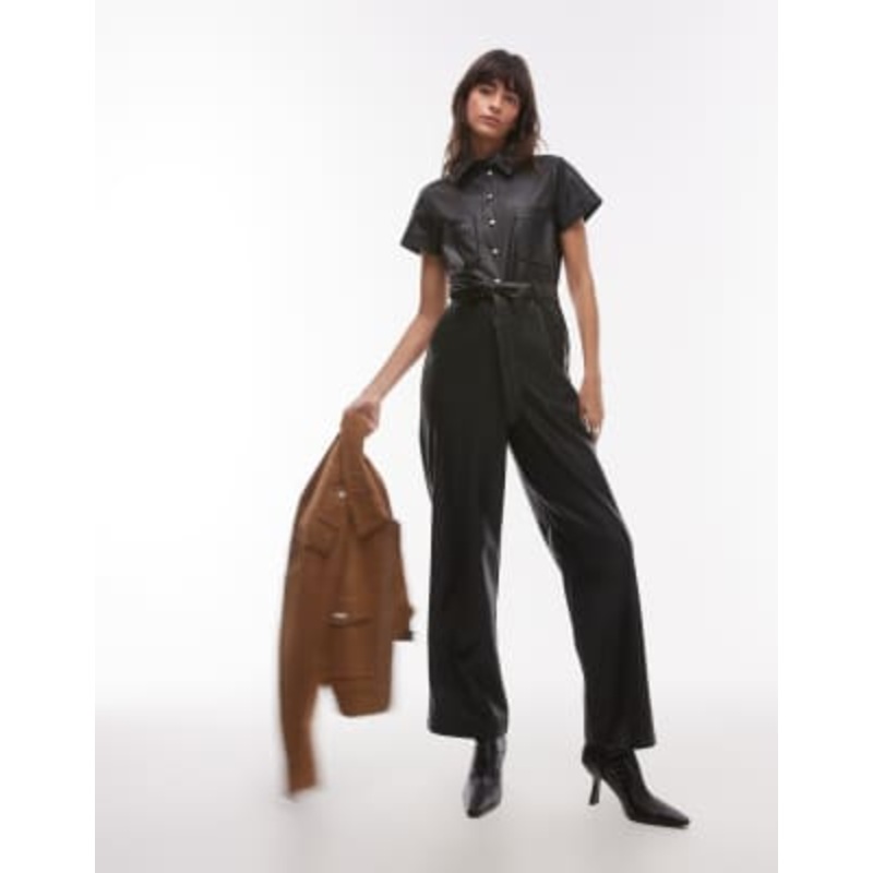 Topshop short sleeve utility faux leather jumpsuit in black