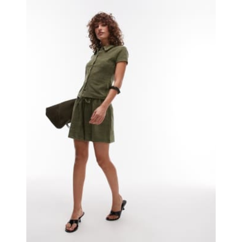 Topshop towelling drawcord shorts in khaki