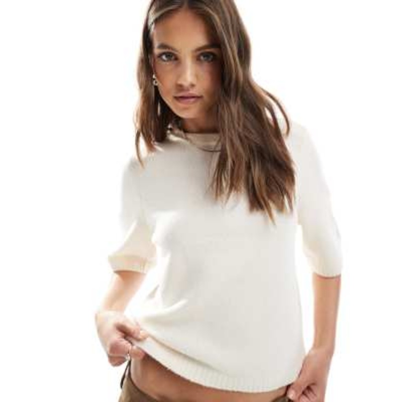 Vero Moda boxy fit soft knit short sleeve top in cream melange
