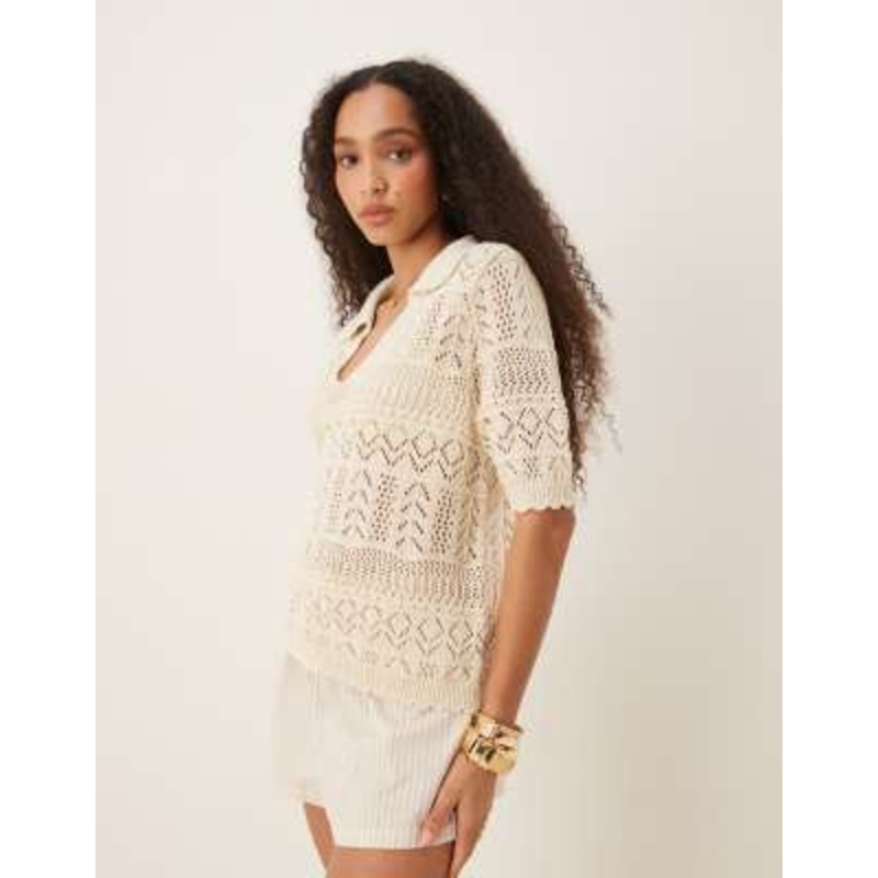 VILA patterned crochet short sleeve knit polo top in birch cream
