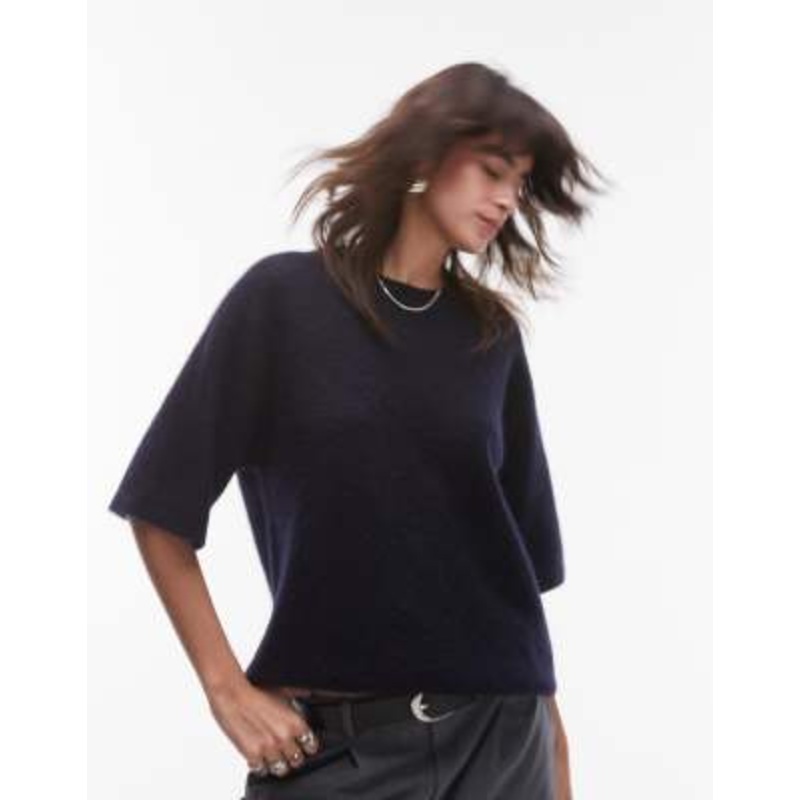 ARKET alpaca and wool blend short sleeve sweater in dark blue