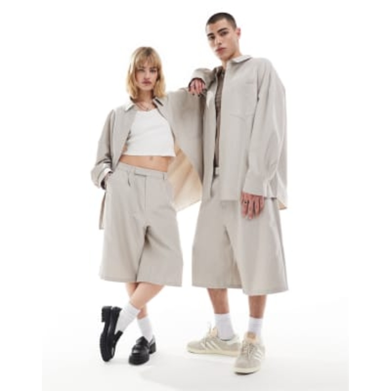 COLLUSION unisex tailored oversized shirt and shorts set in sand pinstripe