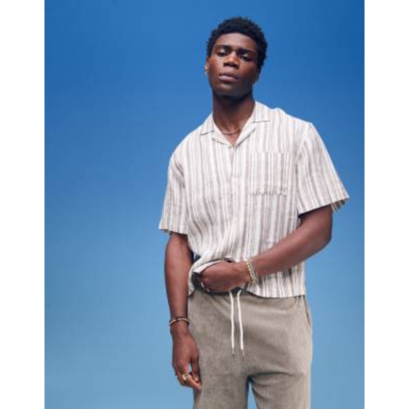 Cotton On linen boxy fit short sleeve shirt in cream stripe