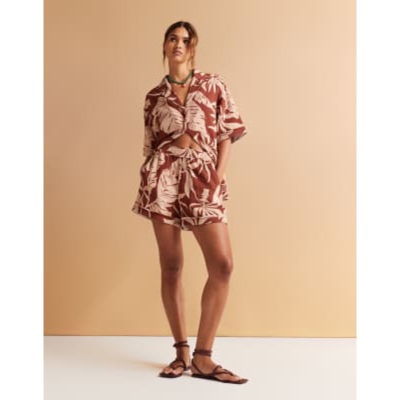DESIGN cheesecloth shirt with raw edge detail shorts set in palm print
