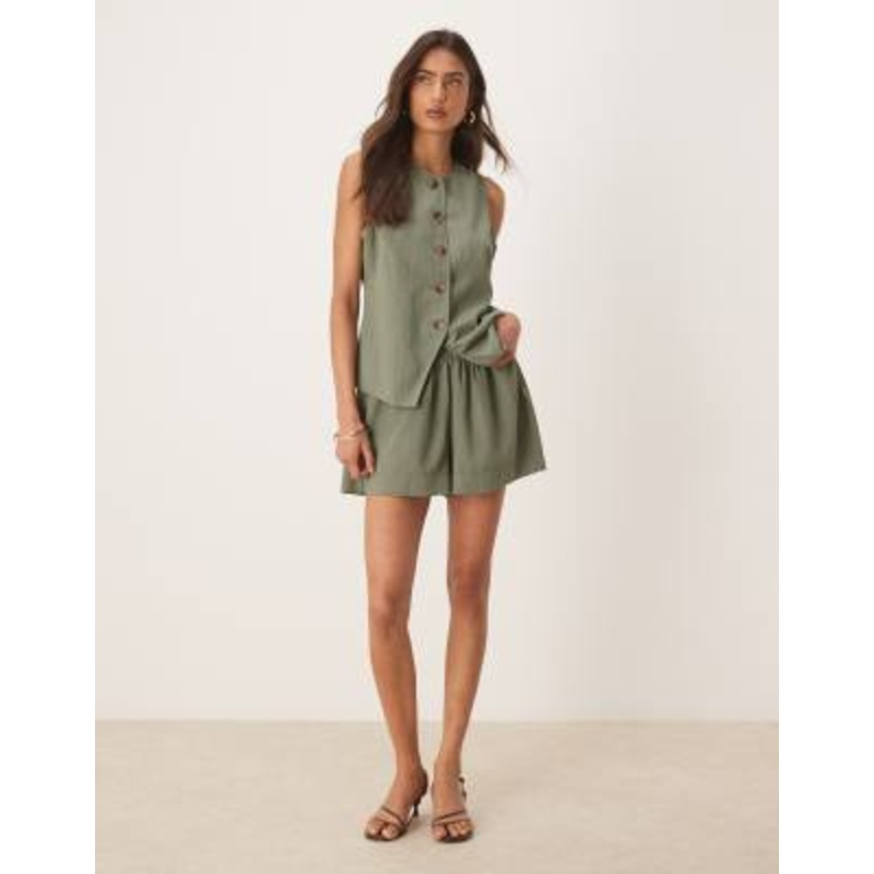 DESIGN crinkle palazzo pants & crinkle top & shorts set in olive