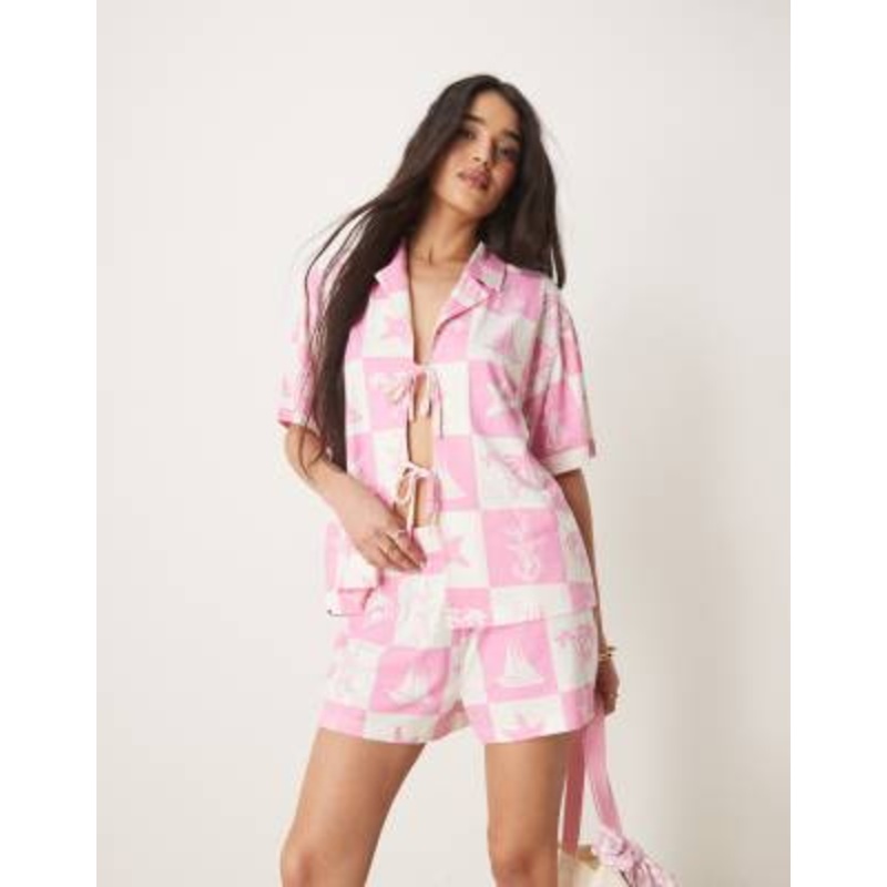 DESIGN linen look revere shirt and shorts set in pink shell print