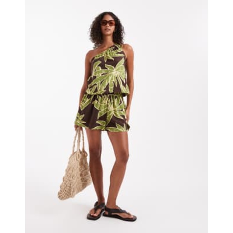 DESIGN pull on shorts, one shoulder top and palazzo pants set in palm print