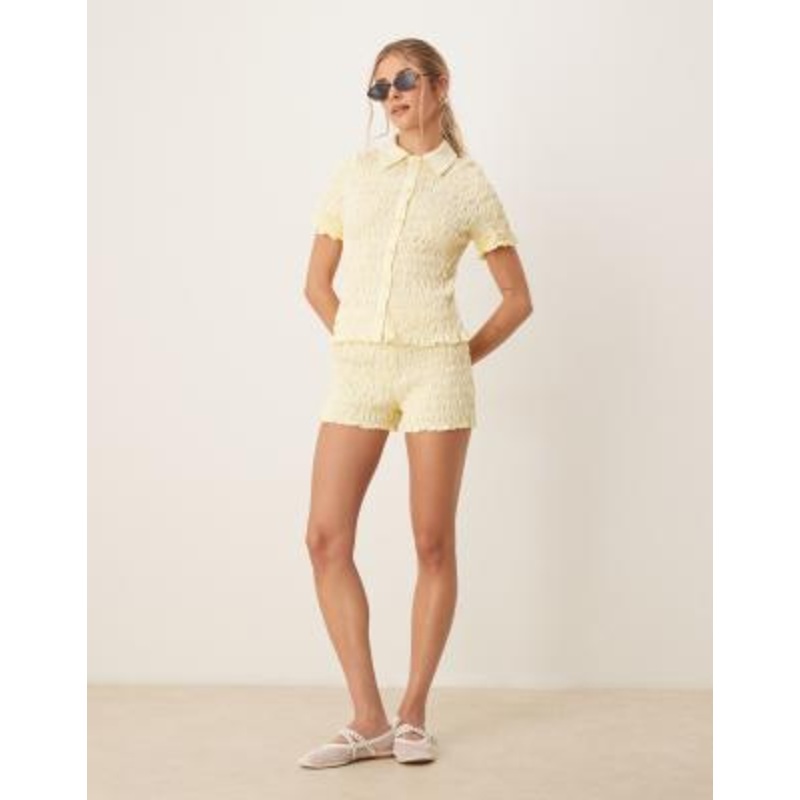 DESIGN shirred detail shirt and shorts set in washed cream