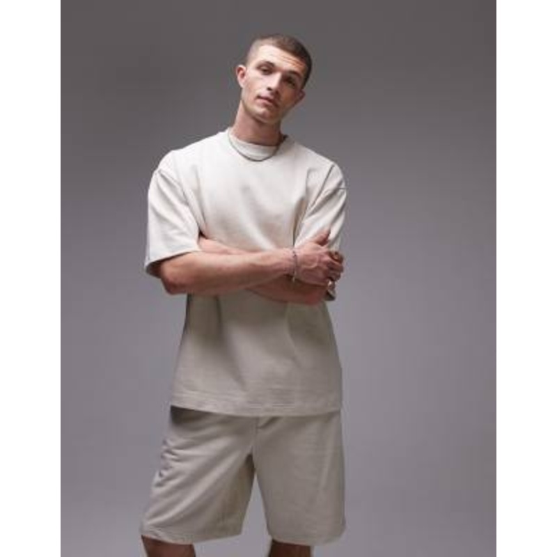 Topman relaxed fit linen blend short sleeve sweatshirt in stone