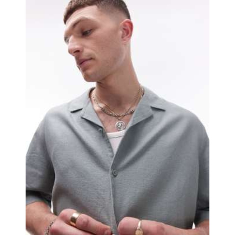 Topman short sleeve boxy linen blend shirt in sage