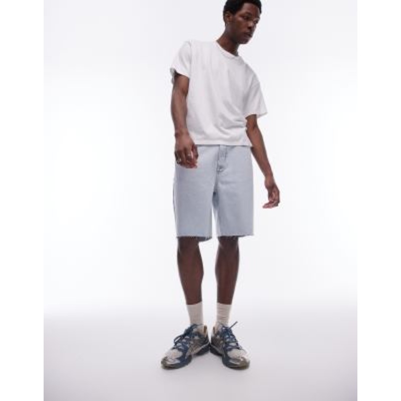 Topman wide leg raw hem denim short in bleach wash