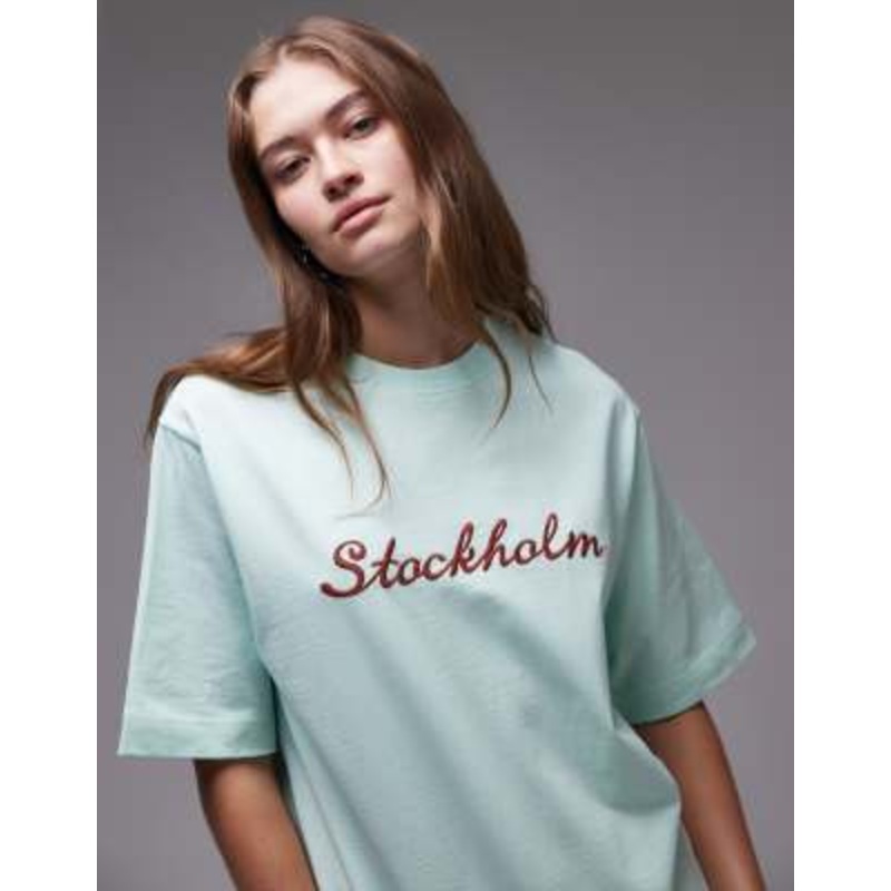 Topshop embroidered Stockholm premium basic short sleeve tee in blue