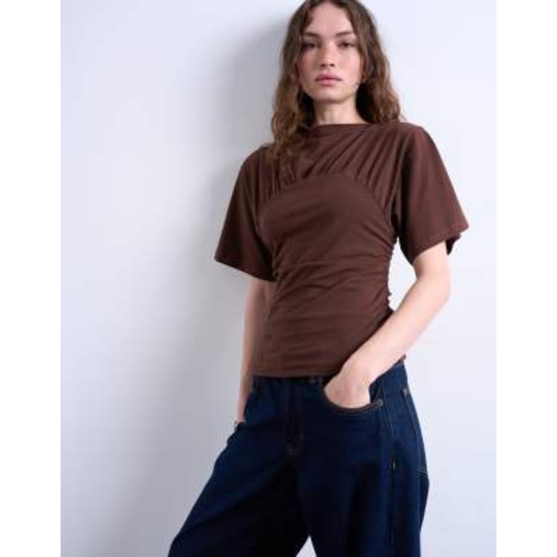 Topshop ruched detail short sleeve top in chocolate brown