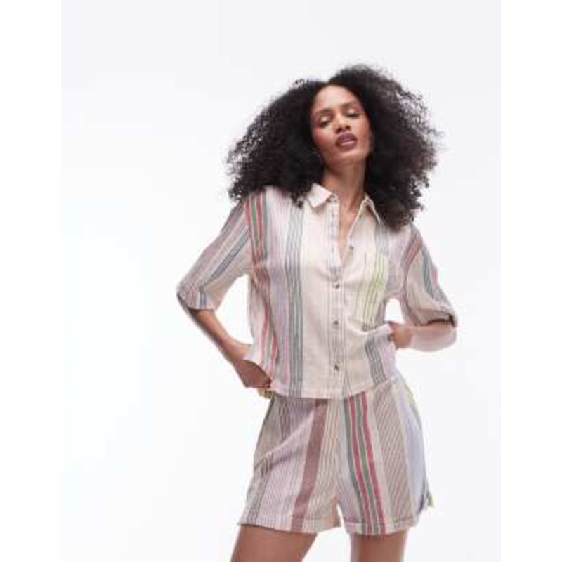Topshop striped short sleeve beach shirt in multi