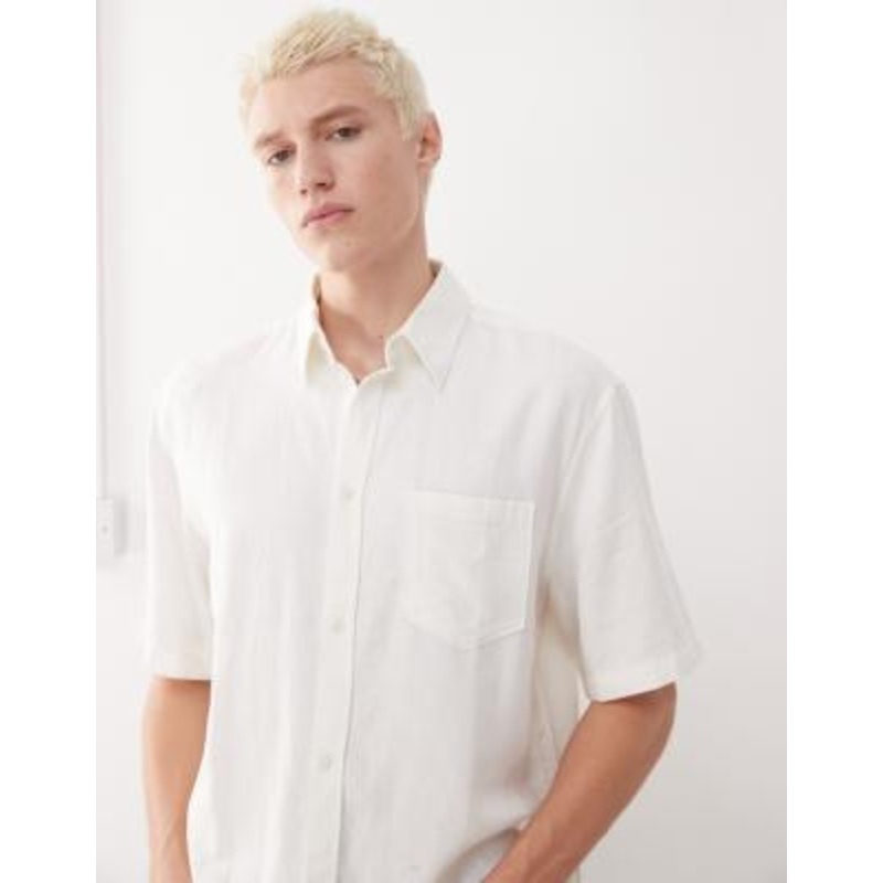 Weekday linen mix oversized boxy fit short sleeve shirt in off-white