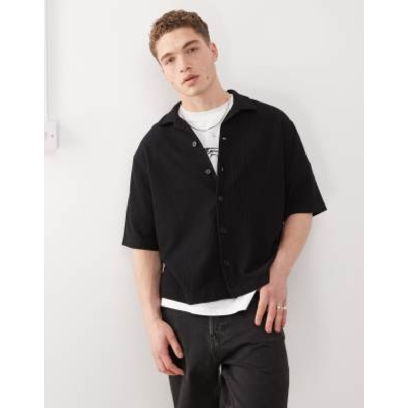 Weekday rib oversized resort short sleeve shirt in black