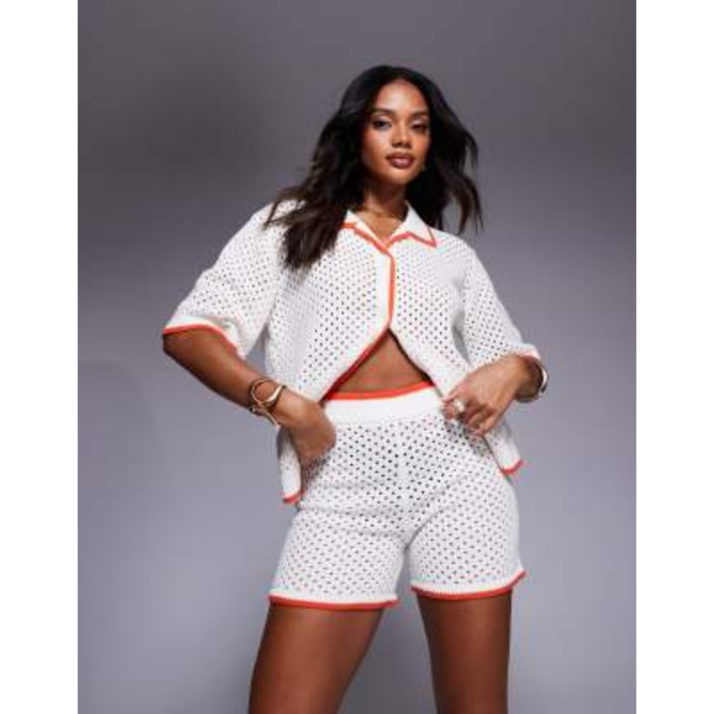 Aria Cove crochet orange contrast trim beach shirt and shorts set in white and orange