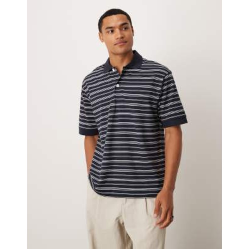 ARKET pure cotton jersey short sleeve polo shirt in blue stripes