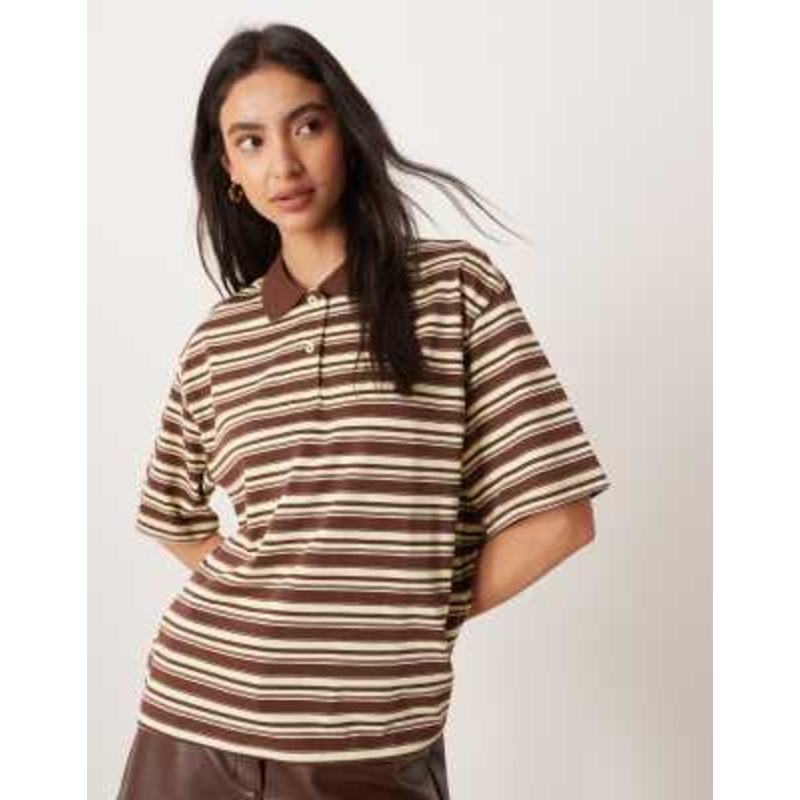AWARE short sleeve polo top in brown & yellow stripe