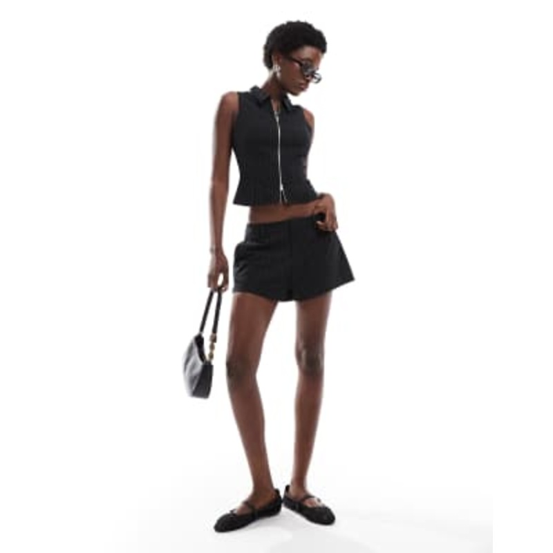 Cotton On Izzy zip through tank top & micro shorts set in black pinstripe