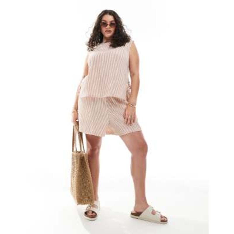 DESIGN Curve textured tie side shell top and shorts set in rose stripe